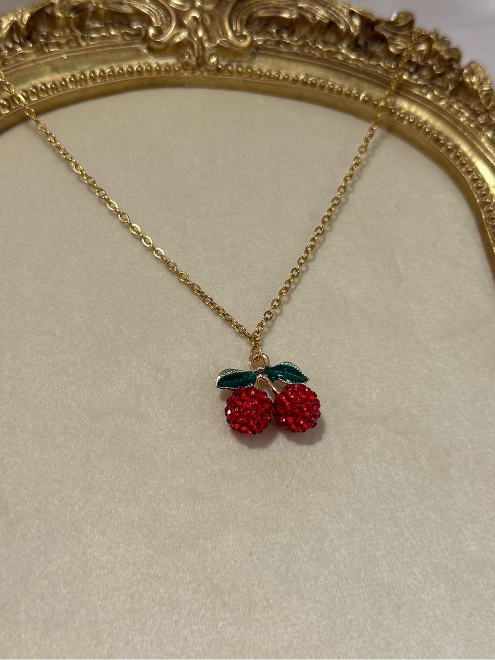 Gold Chain Cherry Pendant Necklace - Red & Green